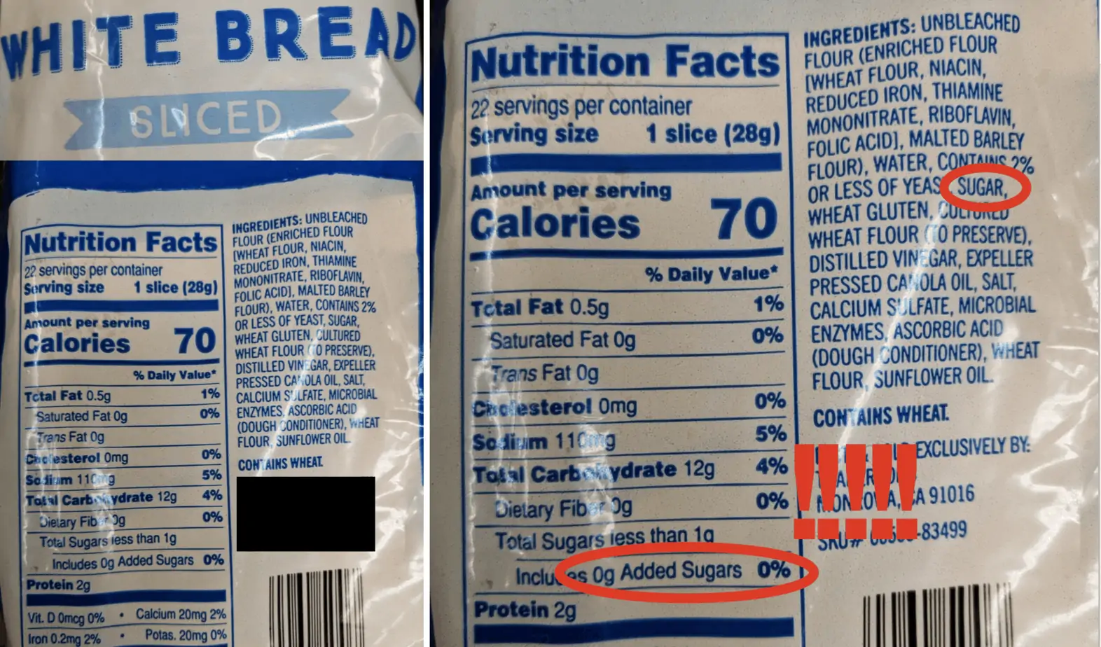 Nutrition facts label for white bread