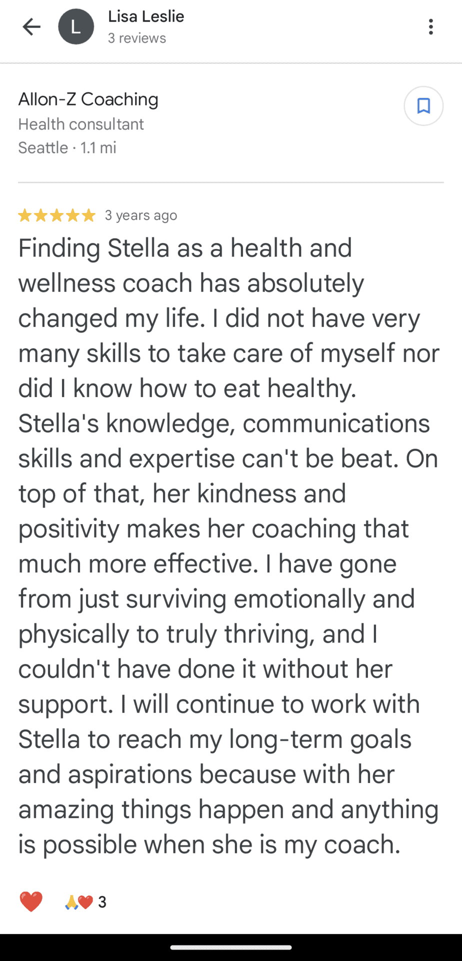 5-Star review for the services of Stella Loichot as a Health Coach in Seattle